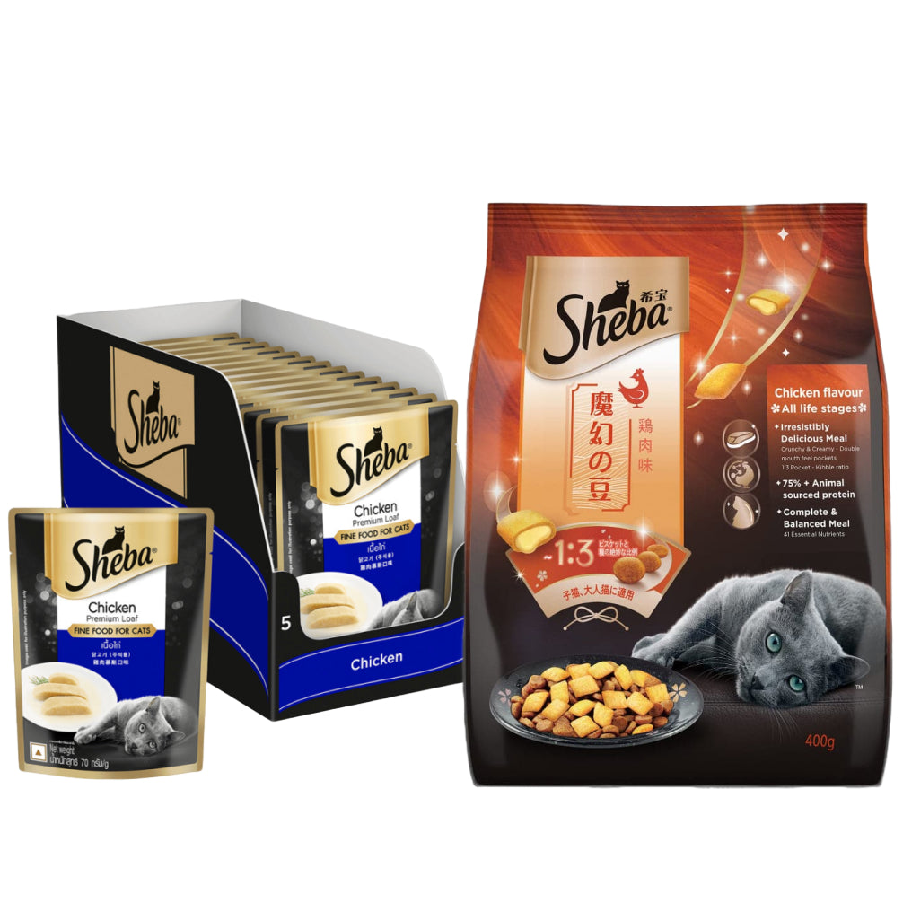Sheba Chicken Loaf Rich Premium Adult Fine Wet Food and Chicken All Life Stage Cat Dry Food Combo