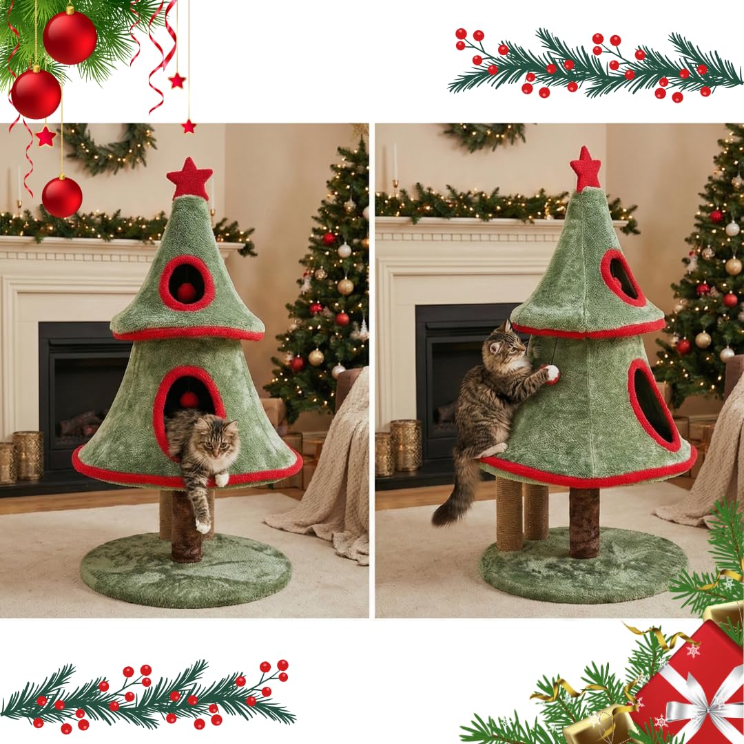 Furrlovers Christmas Tree Cat Scratching Post with Plush Condo & Dual Scratching Columns (Green)