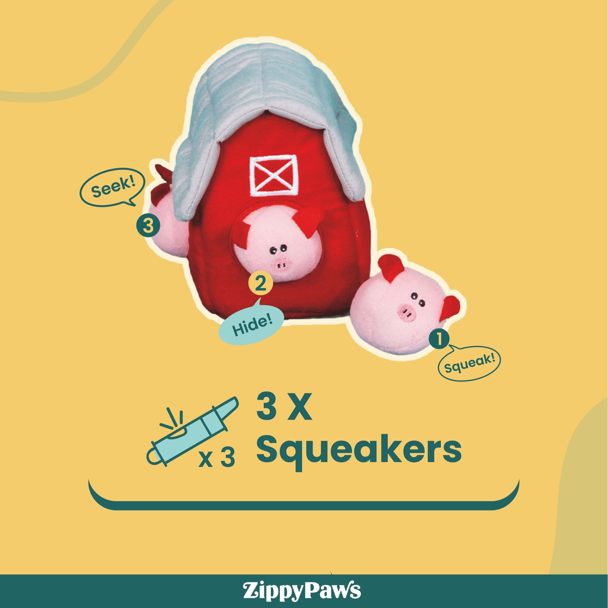 Zippy Paws Zippy Burrow with Bubble Babiez Pig Barn Plush Toy for Dogs image 3