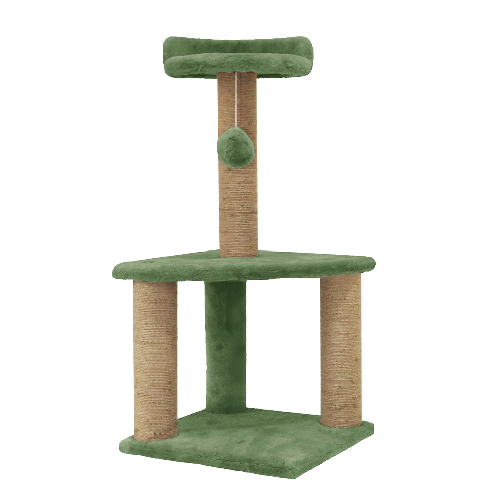 Furrlovers Two Floor Soft Fur Activity Cat Tree for Kittens & Cats with Scratching Post, Natural Sisal Rope & Hanging Ball (Green)