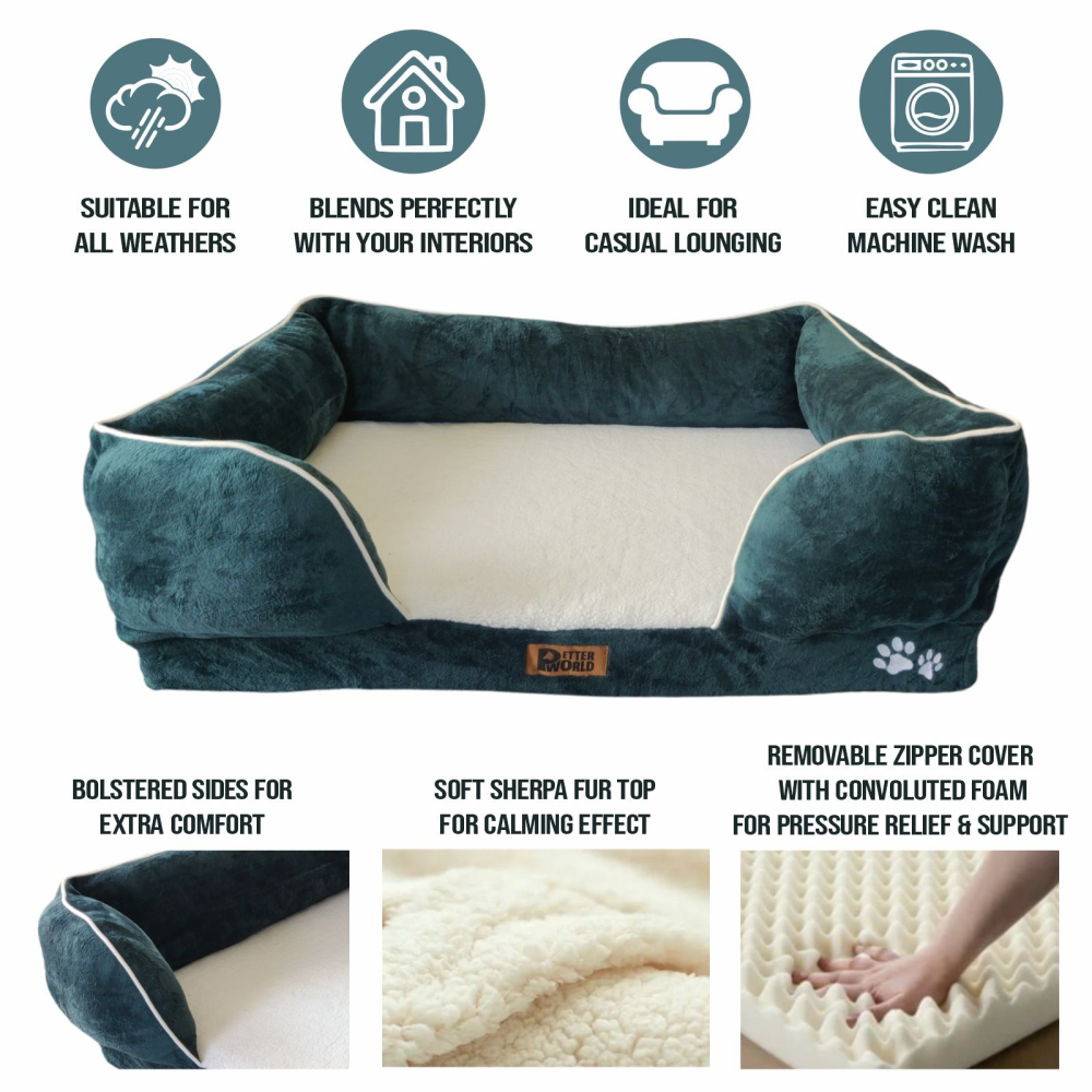 Petter World Convoluted & HD Foam Base with Bolster Orthopedic Sofa Bed for Dogs and Cats (Bottle Green) image 2