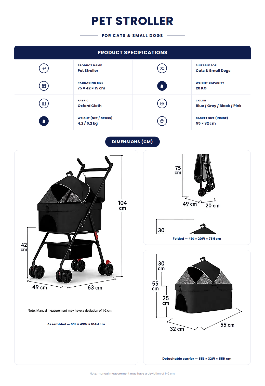 Skatrs Portable Pet Stroller for Small & Medium Dogs and Cats (Grey) image 6