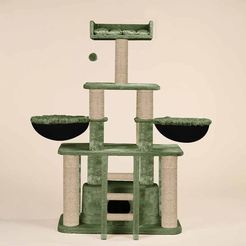 Furrlovers Fur Fabric Cat Tree with Hammocks, Condo & Jute Rope Scratching Posts (Green)