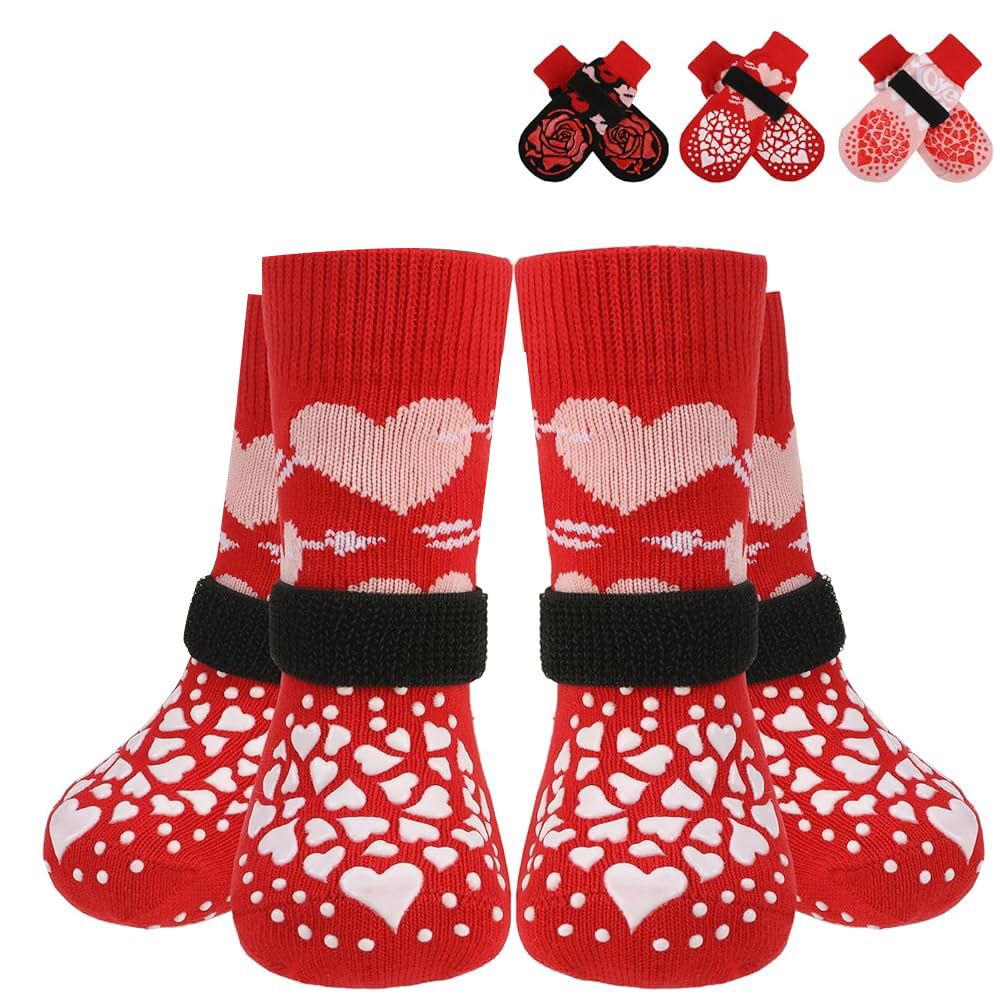 KUTKUT Double Sided Non Skid Paw Socks with Adjustable Straps for Dogs (Red)
