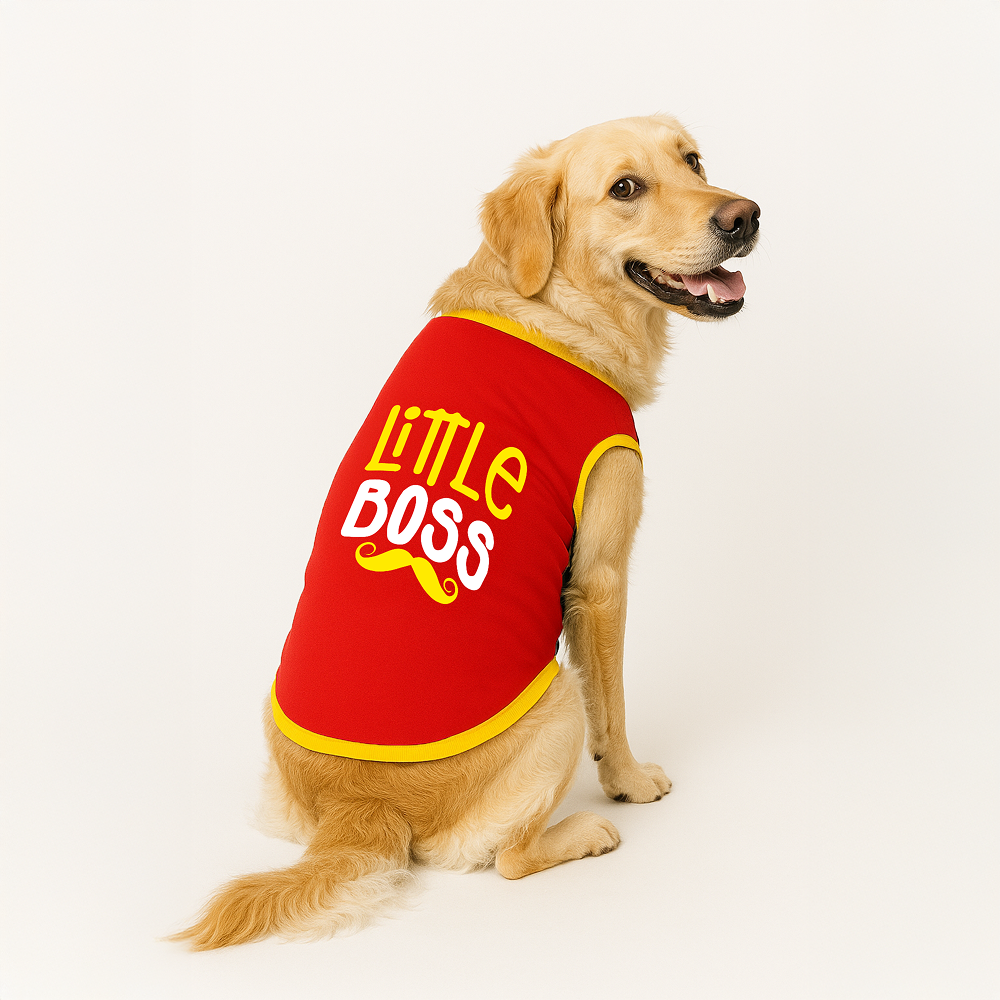 PawsIndia Little Boss Printed with Ribbed Sleeves TShirt for Dogs (Red) image 1