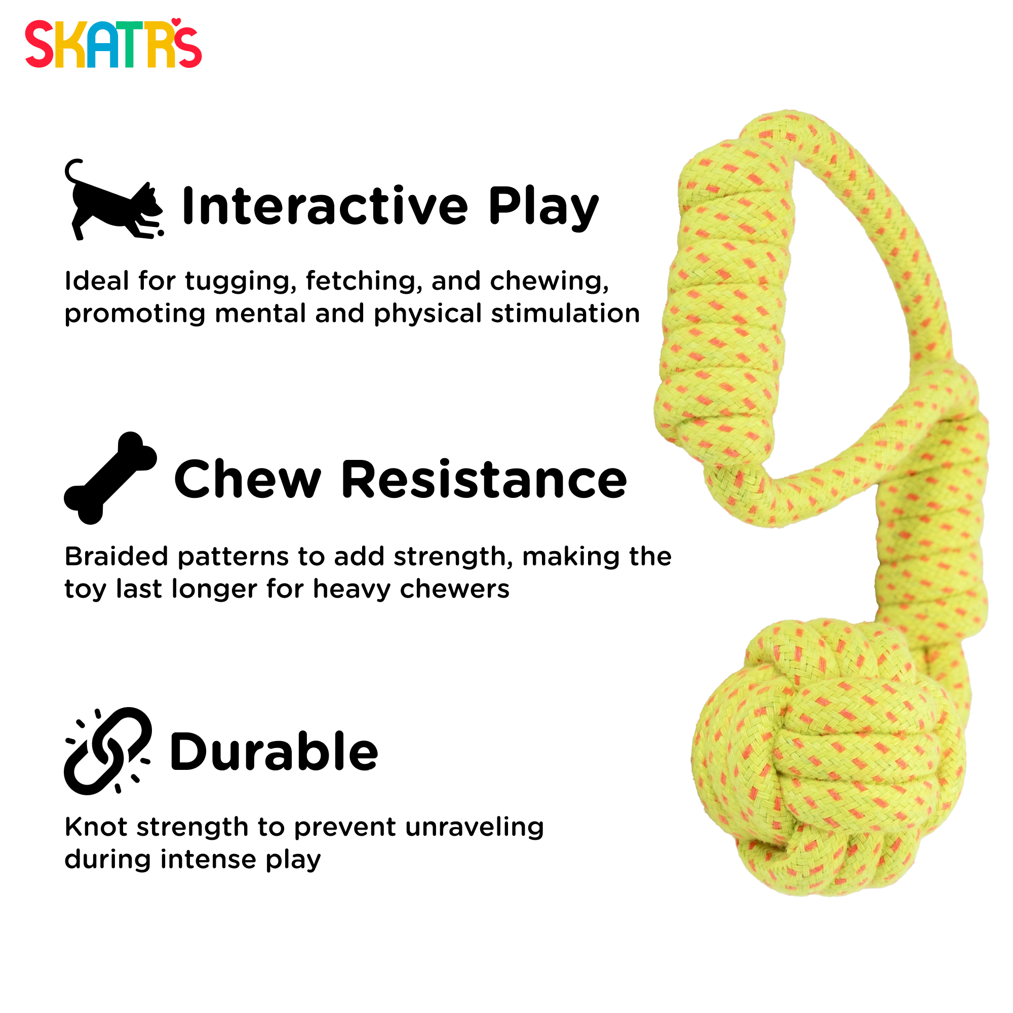 Skatrs Hand Made Knotted Ball Rope Tug Toy for Dogs and Cats (Neon Green) image 3
