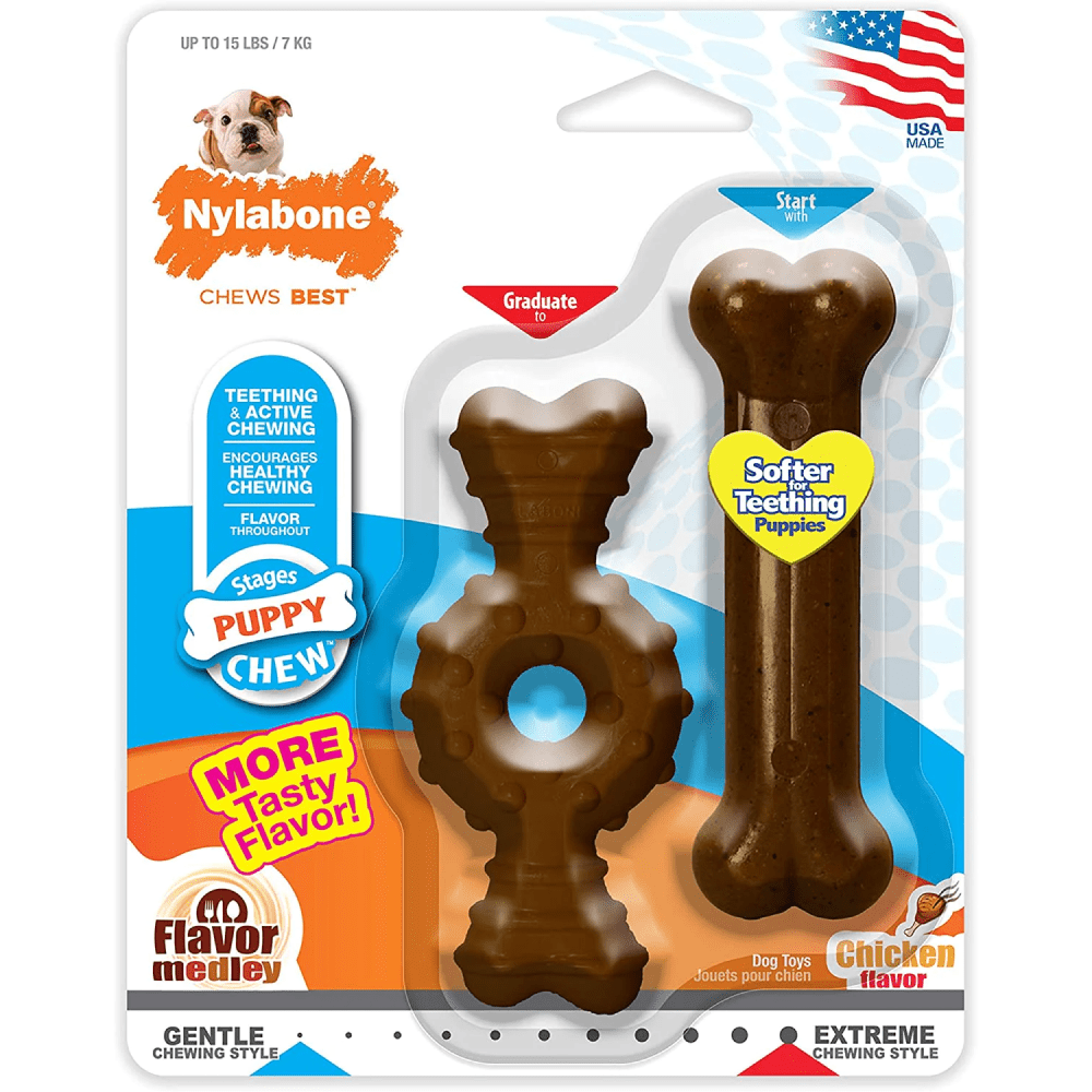 Nylabone Puppy Teething Chicken Medley Flavoured Chew and Ring Bone Toy for Dogs (Brown) image 2
