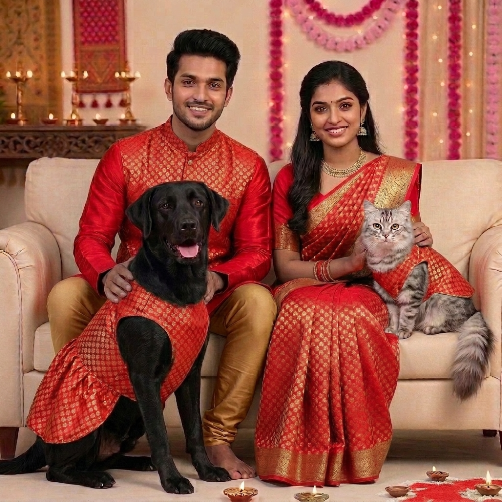 Skatrs Brocade Gold Printed Dress for Dogs and Cats (Red) image 2