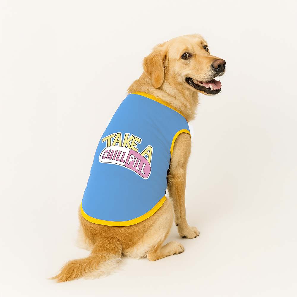 PawsIndia  Take A Chill Pill Printed with Ribbed Sleeves TShirt for Dogs (Blue)