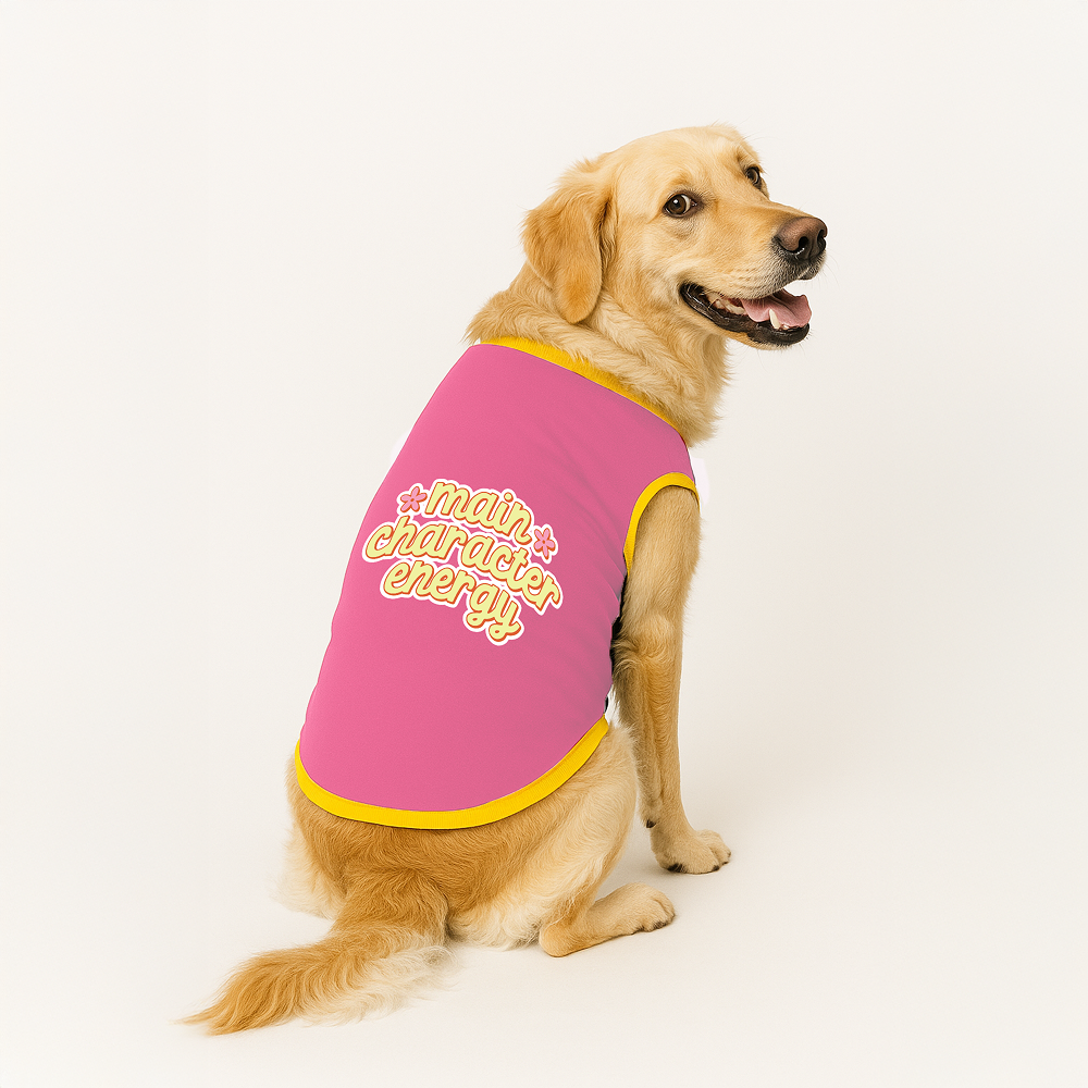 PawsIndia Main Character Energy Printed with Ribbed Sleeves TShirt for Dogs (Pink)