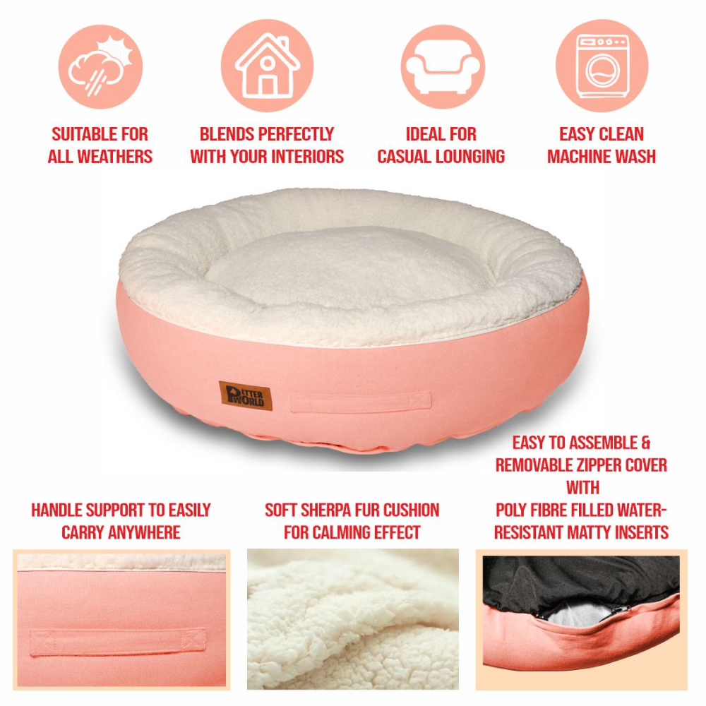 Petter World Ultra Luxury Cotton Canvas Donut Bed With Removable Sherpa Fur Cushion for Dogs (Peach Pearl) image 5