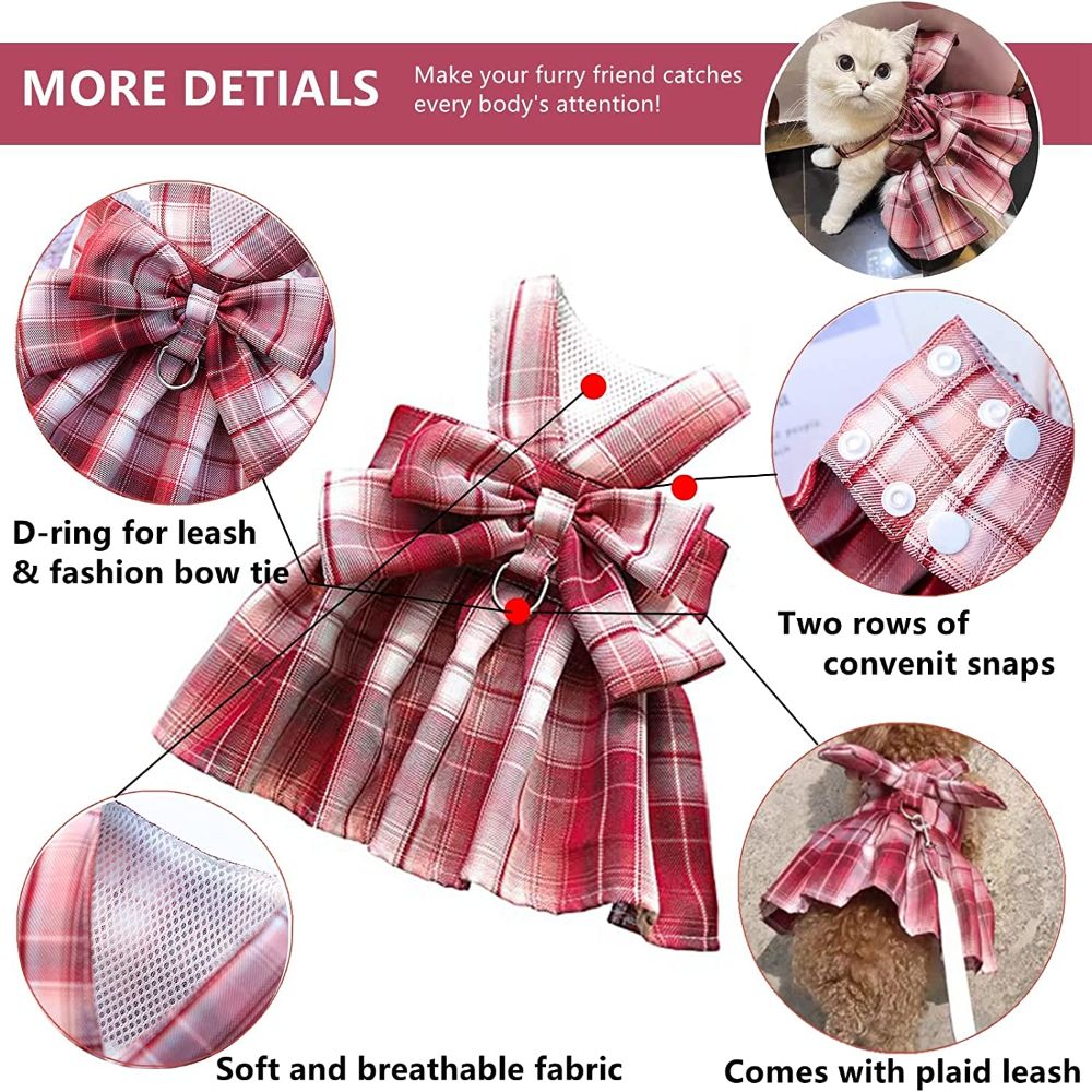 KUTKUT Plaid Dress with Bow Tie Harness Leash Set for Small Dogs & Cats (Red) image 6
