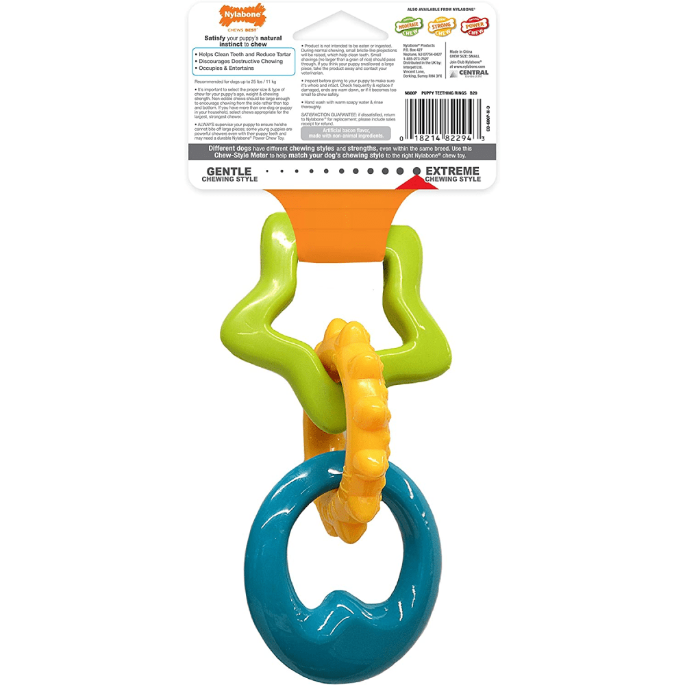 Nylabone Bacon Flavoured Puppy Chew Teething Ring Toy for Dogs (Green, Yellow, Blue) image 2