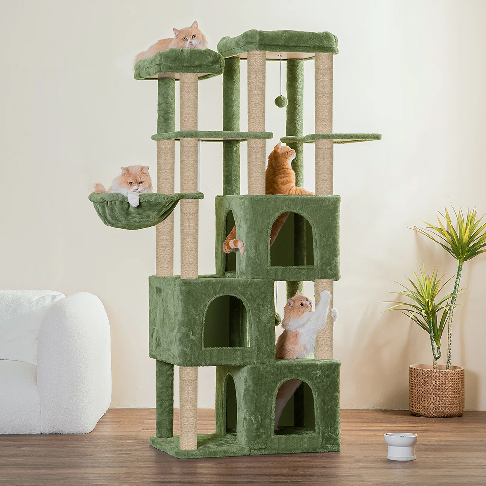 Furrlovers Multilevel Fur Fabric Cat Tree with Condos, Hanging Ball & Jute Rope Scratching Posts (Green)