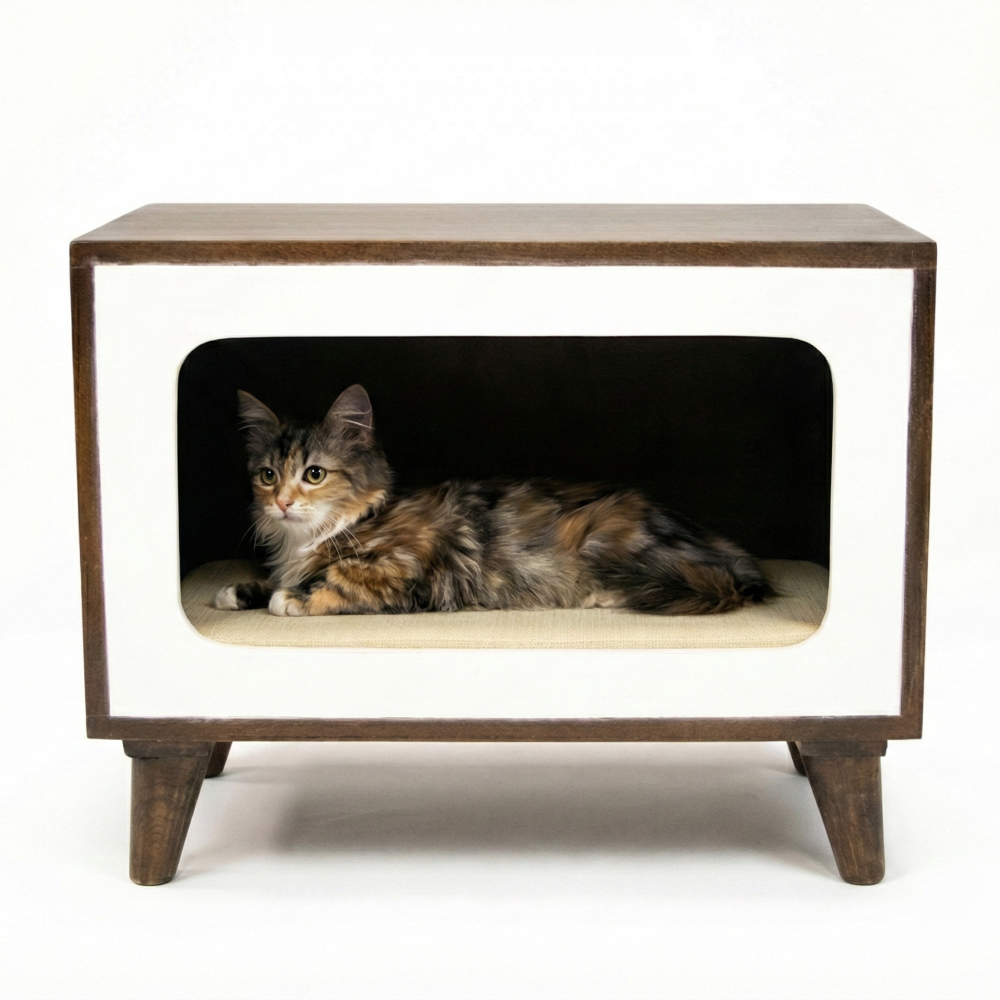 FurryLiving Telly Side Table with Cushion for Small Dogs and Cats (Dark Brown/Cream Cushion)