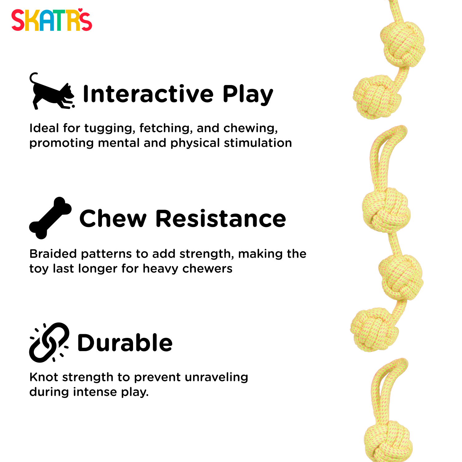 Skatrs 3 Ball Rope Tug Toy for Dogs and Cats (Yellow) image 3