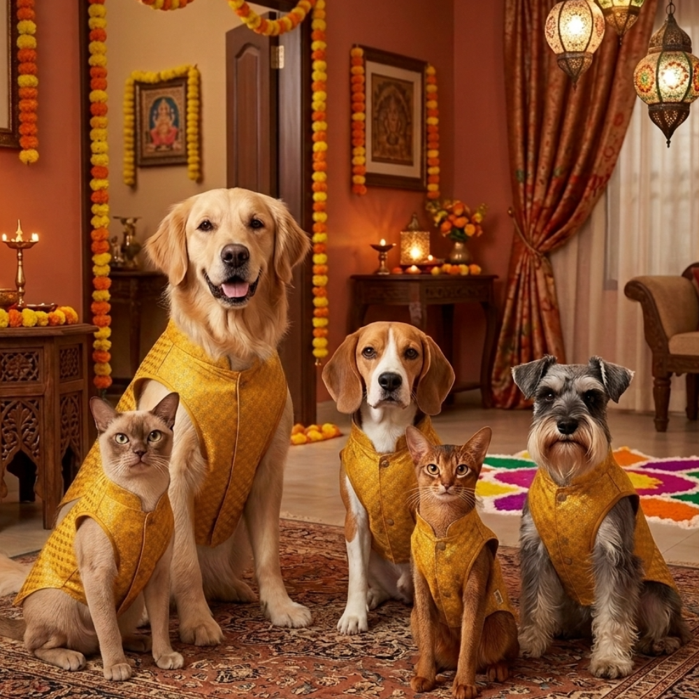 Skatrs Brocade Gold Printed Sherwani for Dogs and Cats (Yellow) image 5