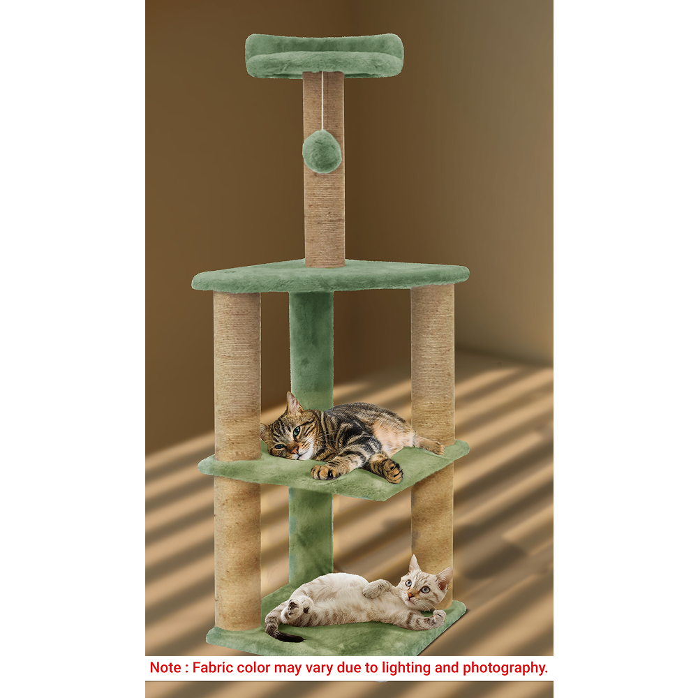 Furrlovers Three Floor Soft Fur Activity Cat Tree for Kittens & Cats with Scratching Post, Natural Sisal Rope & Hanging Ball (Green)