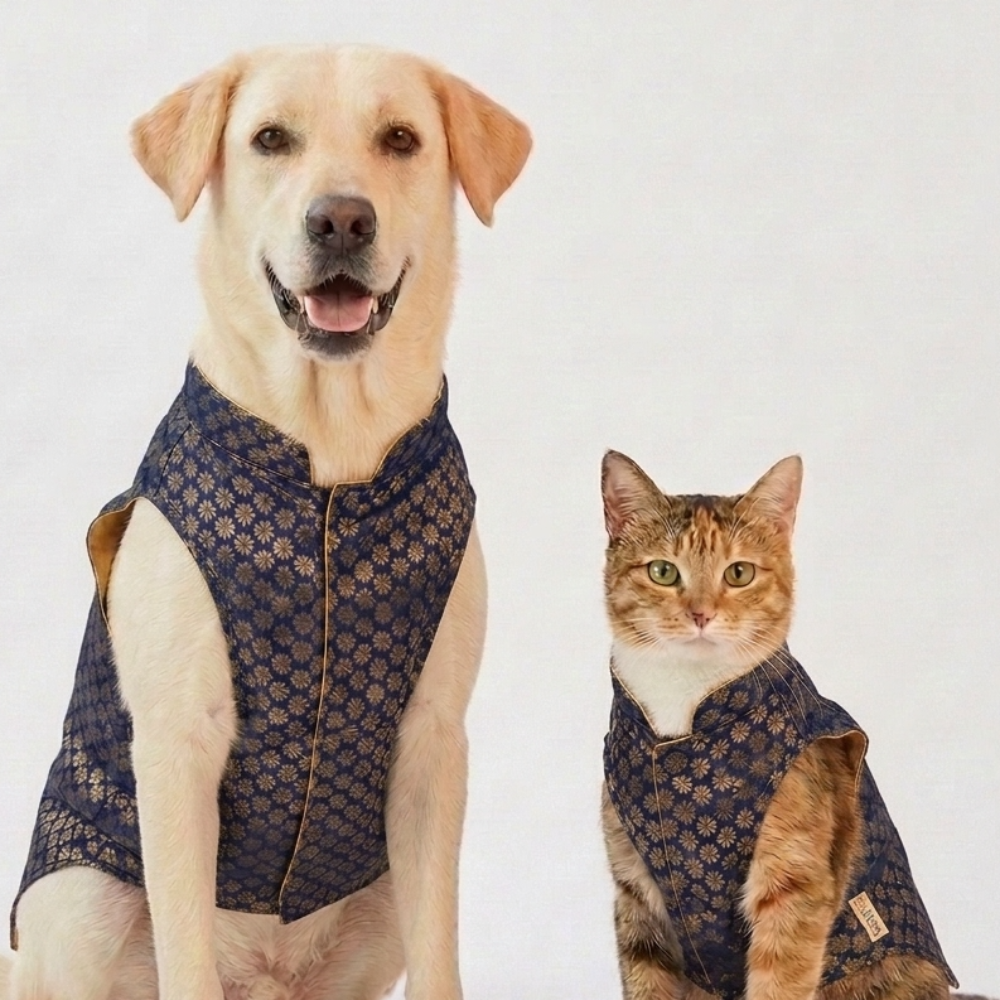 Skatrs Brocade Gold Printed Sherwani for Dogs and Cats (Blue)
