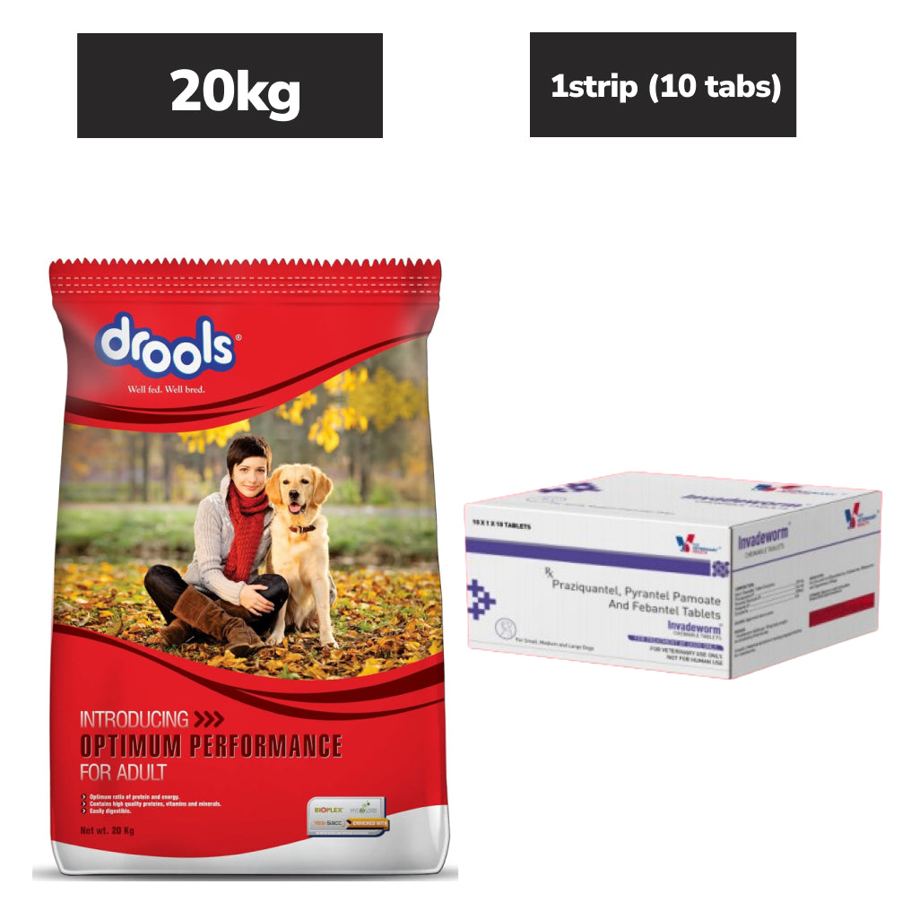 Drools Optimum Performance Adult Dog Dry Food (20kg) and Drools Invadeworm Dewormer Tablets for Dogs (pack of 10 Tablets)