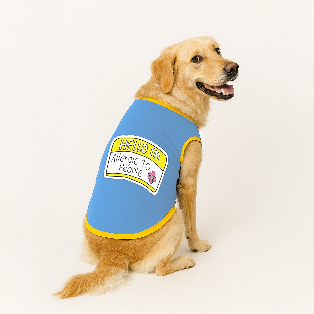 PawsIndia Hello I'm Allergic to People Printed with Ribbed Sleeves TShirt for Dogs (Blue)