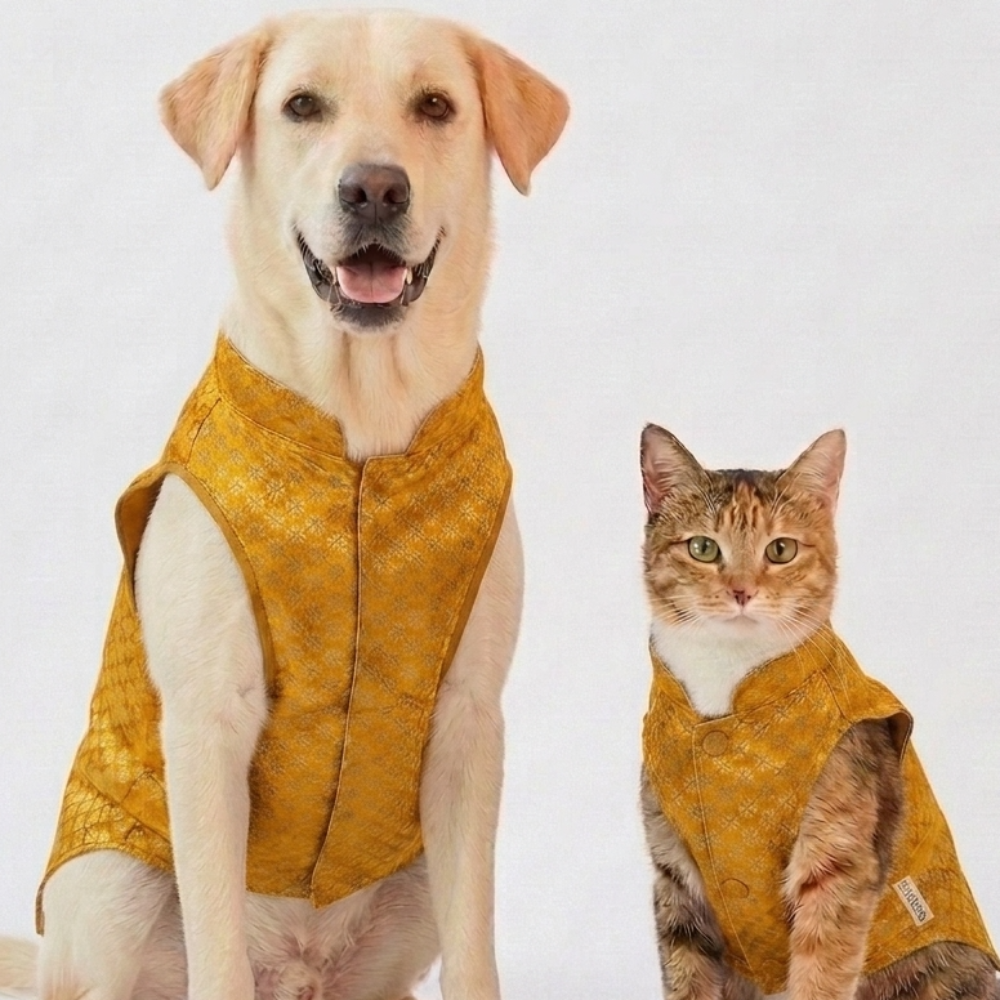 Skatrs Brocade Gold Printed Sherwani for Dogs and Cats (Yellow)