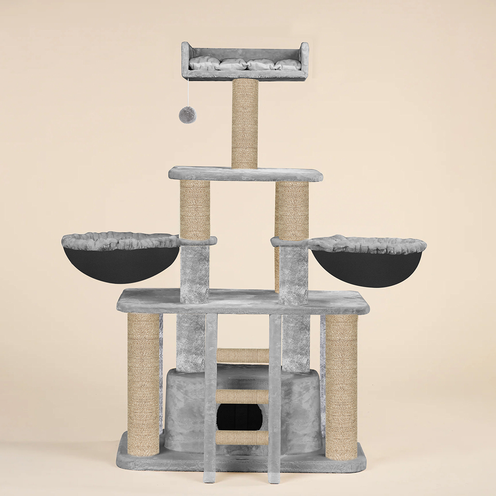 Furrlovers Fur Fabric Cat Tree with Hammocks, Condo & Jute Rope Scratching Posts (Grey)