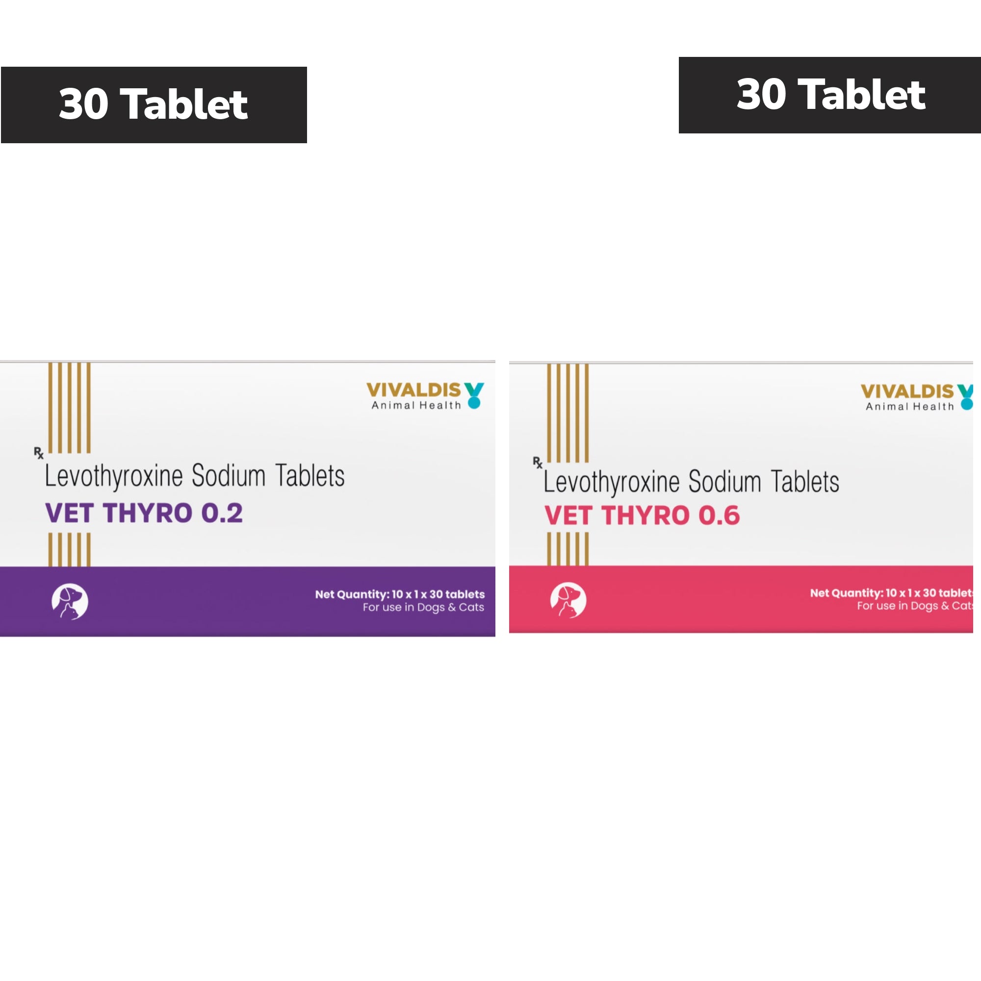 Vivaldis Vet Thyro Tablets 0.2 mg (30 Tabs) and Vet Thyro 0.6 mg (30 Tabs) for Dogs and Cats Combo