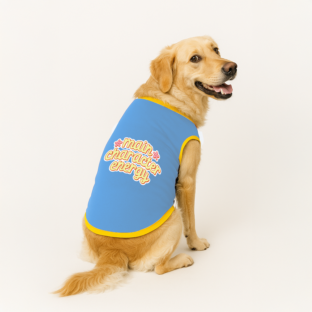 PawsIndia Main Character Energy Printed with Ribbed Sleeves TShirt for Dogs (Blue)