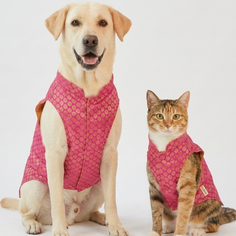 Skatrs Brocade Gold Printed Sherwani for Dogs and Cats (Pink)