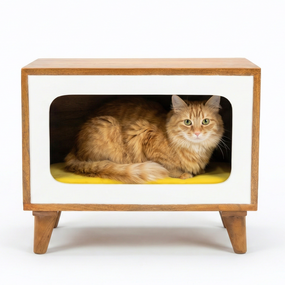FurryLiving Telly Side Table with Cushion for Small Dogs and Cats (Honey/Yellow Cushion) image 1