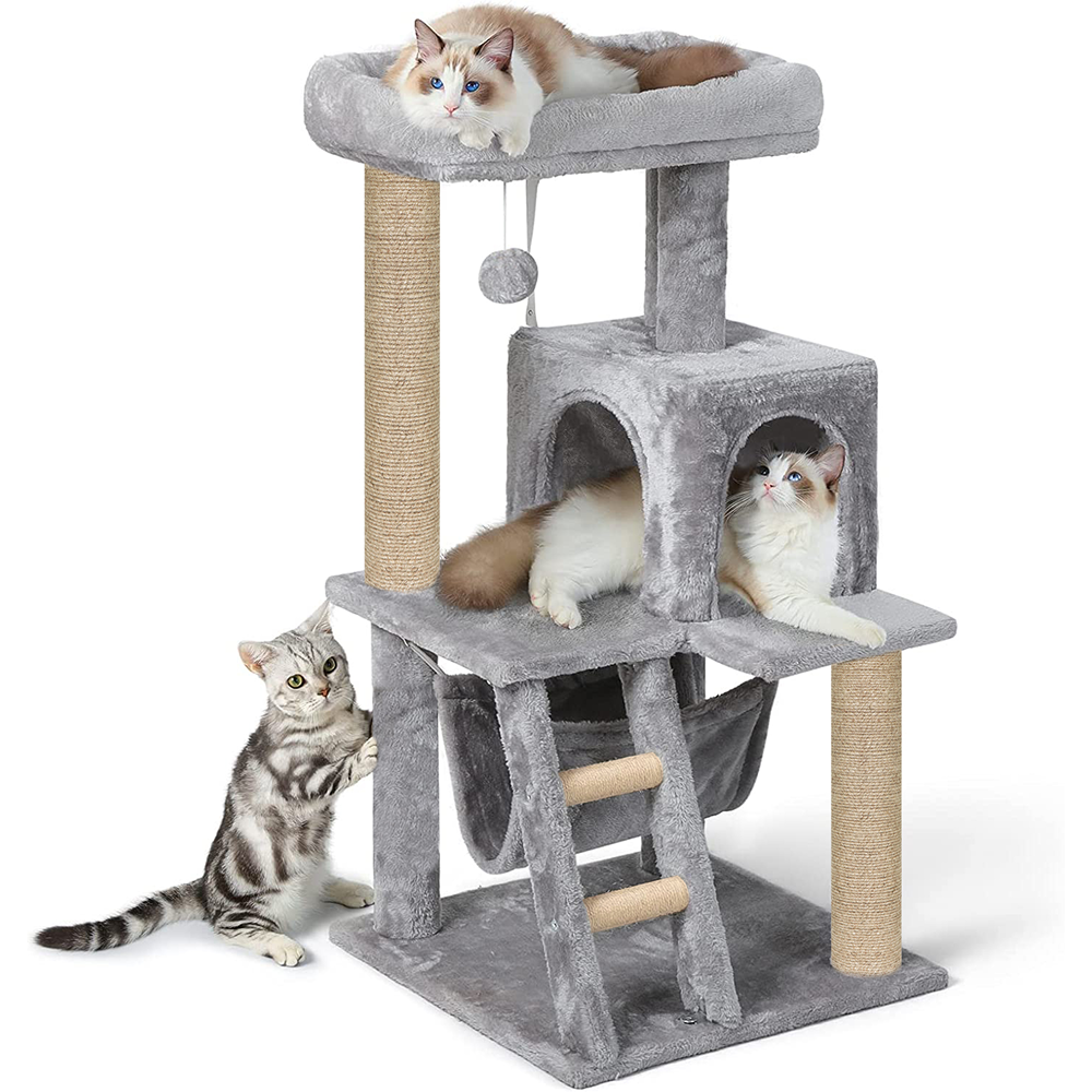 Furrlovers Plush Fabric Cat Tree with Top Bed, Hammock & Jute Rope Scratching Posts (Grey)