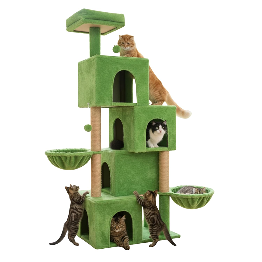 Furrlovers Multilevel Plush Cat Tree with Condo, Hammock & Jute Rope Scratching Posts (Green)