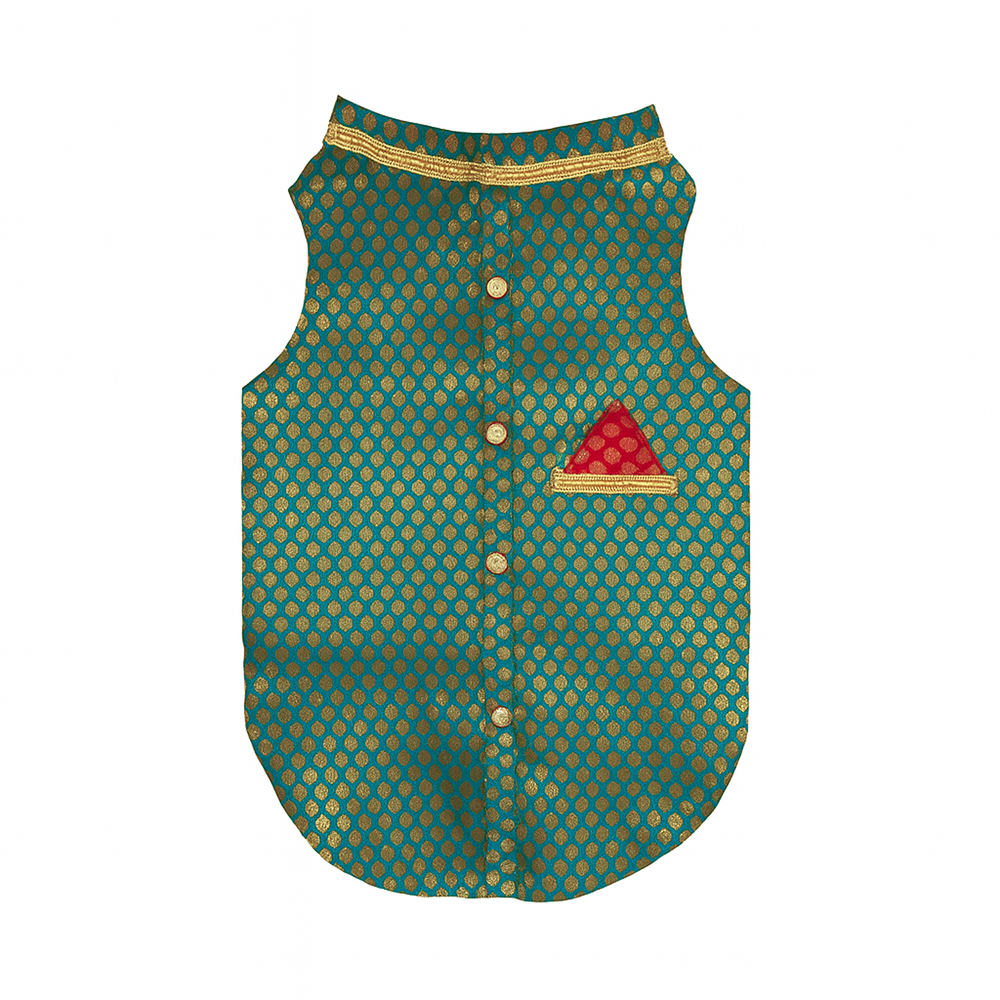 Pawsindia Traditional Royal Brocade Kurta for Cats (Aqua Green)