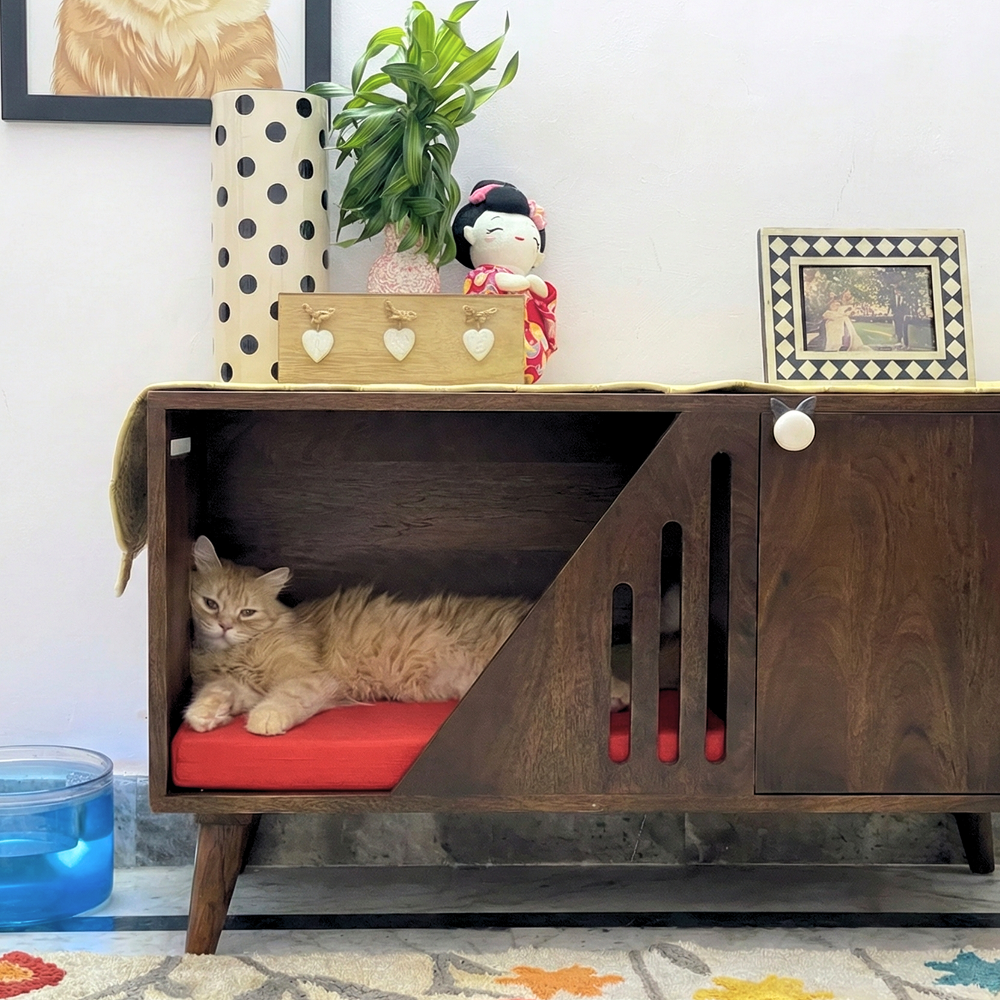 FurryLiving Benji Cabinet with Cushion for Small Dogs and Cats (Dark Brown/Red Cushion) image 2