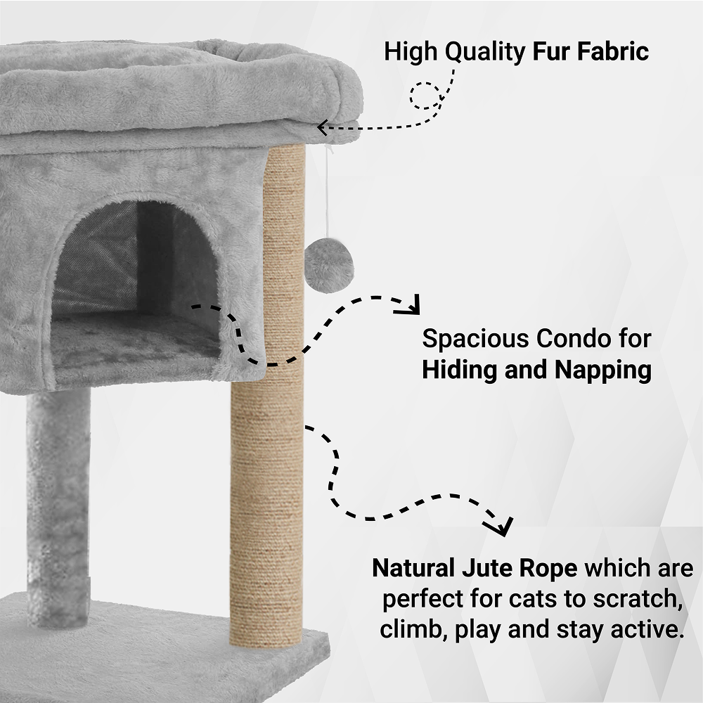 Furrlovers Cat & Kitten Scratching Post Activity Tree with Plush Fur, Jute Rope & Detachable Bed (Grey) image 7