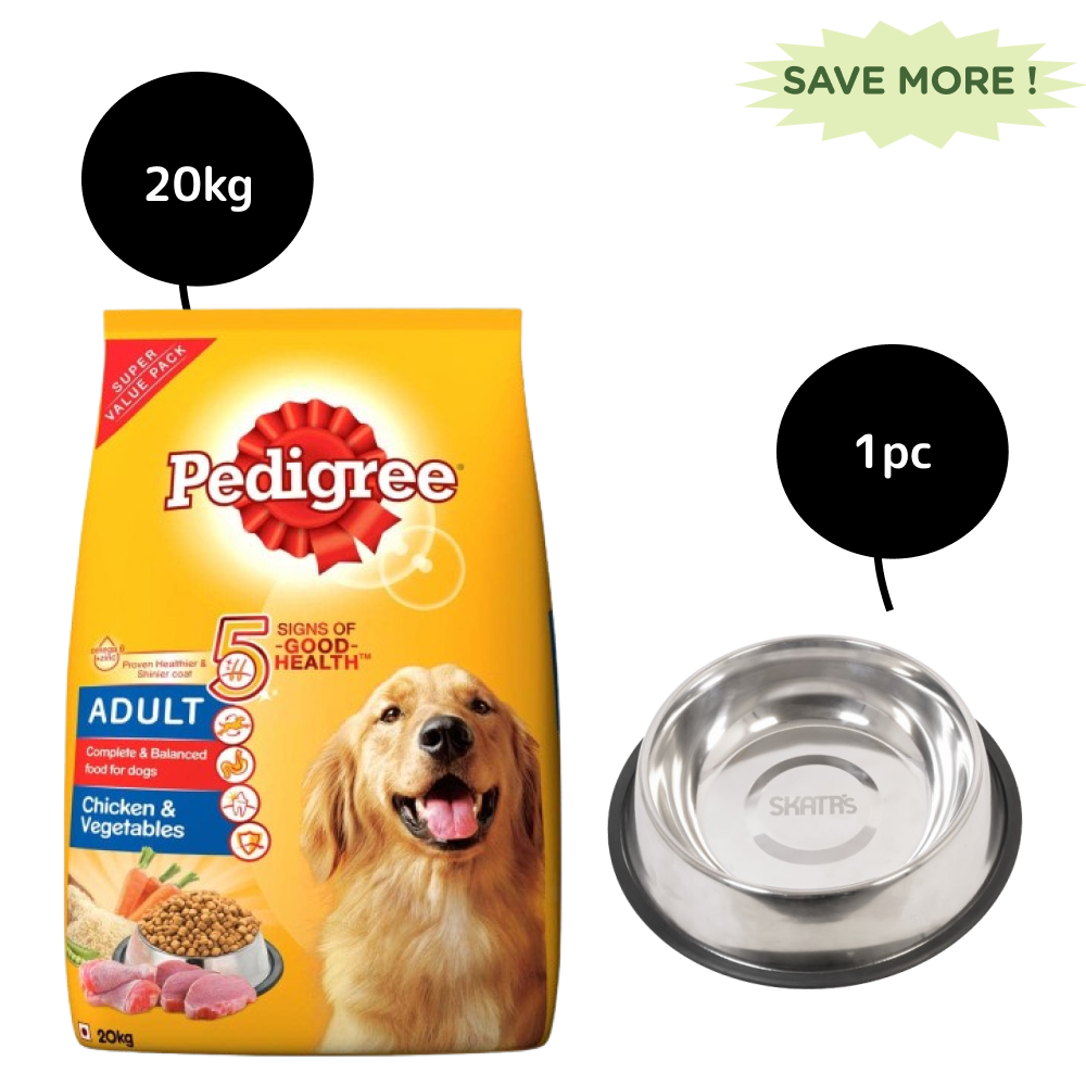 SKATRS Anti Skid Stainless Steel Bowl and Pedigree Chicken and Vegetables Adult Dry Dog Food Combo
