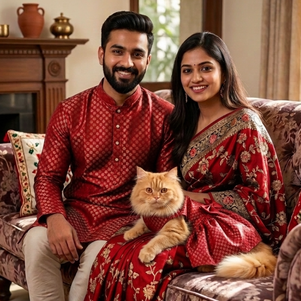 Skatrs Brocade Gold Printed Dress for Dogs and Cats (Red) image 3