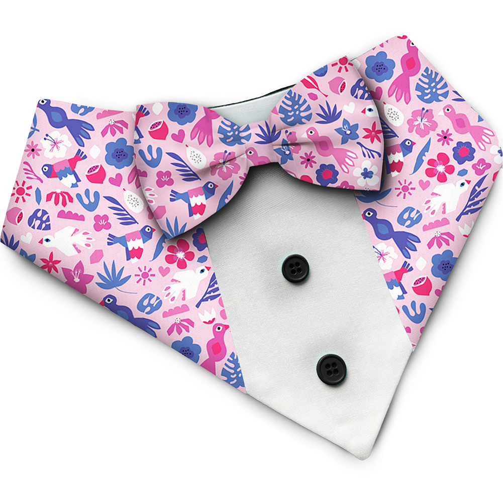 PawsIndia Birdsong Pattern Tuxedo Bandana with Matching Bow for Dogs and Cats