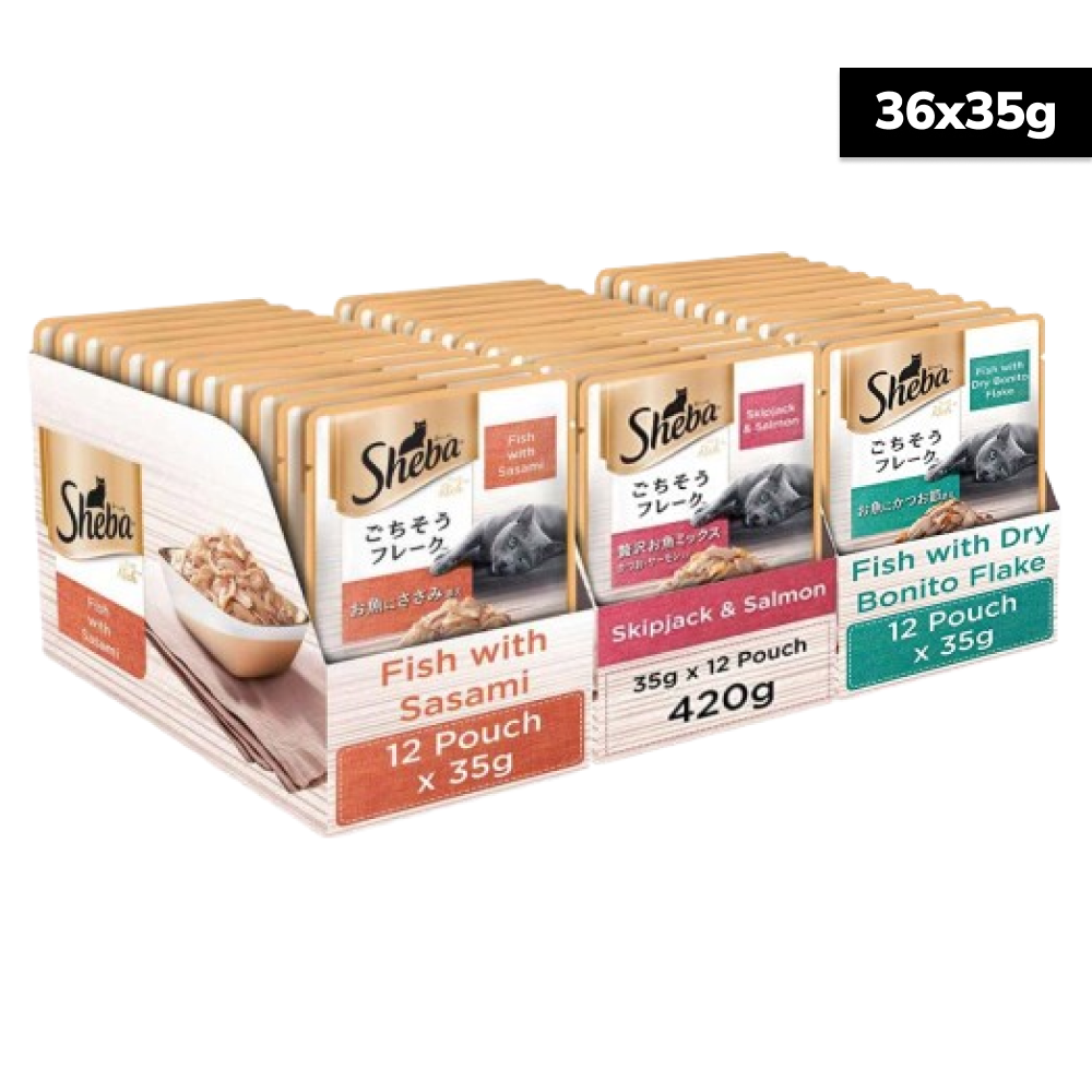 Sheba Fish with Dry Bonito Flake, Skipjack & Salmon Fish and Fish with Sasami Cat Wet Food Combo