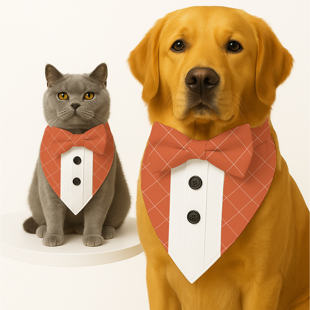 PawsIndia Orange Checks Pattern Tuxedo Bandana with Matching Bow for Dogs and Cats image 2