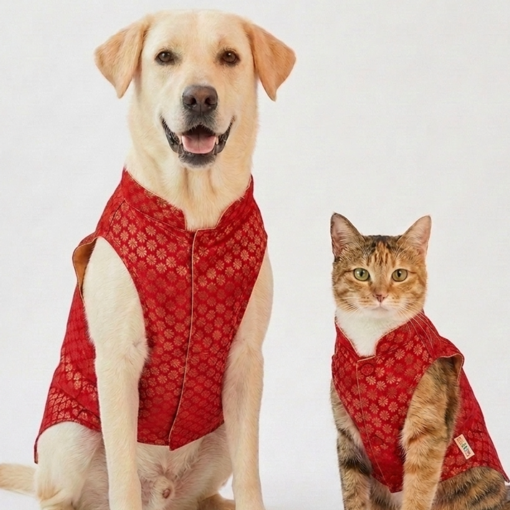 Skatrs Brocade Gold Printed Sherwani for Dogs and Cats (Red)