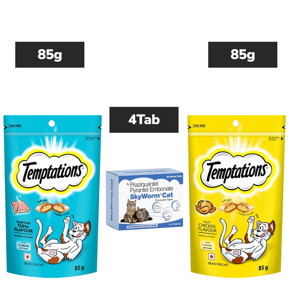 Temptations Tasty Chicken Flavour and Tempting Tuna Flavor Cat Treats with Skyec Skyworm Cat Deworming Tablet Combo