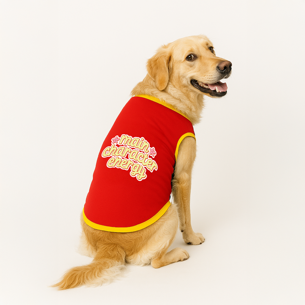 PawsIndia Main Character Energy Printed with Ribbed Sleeves TShirt for Dogs (Red)