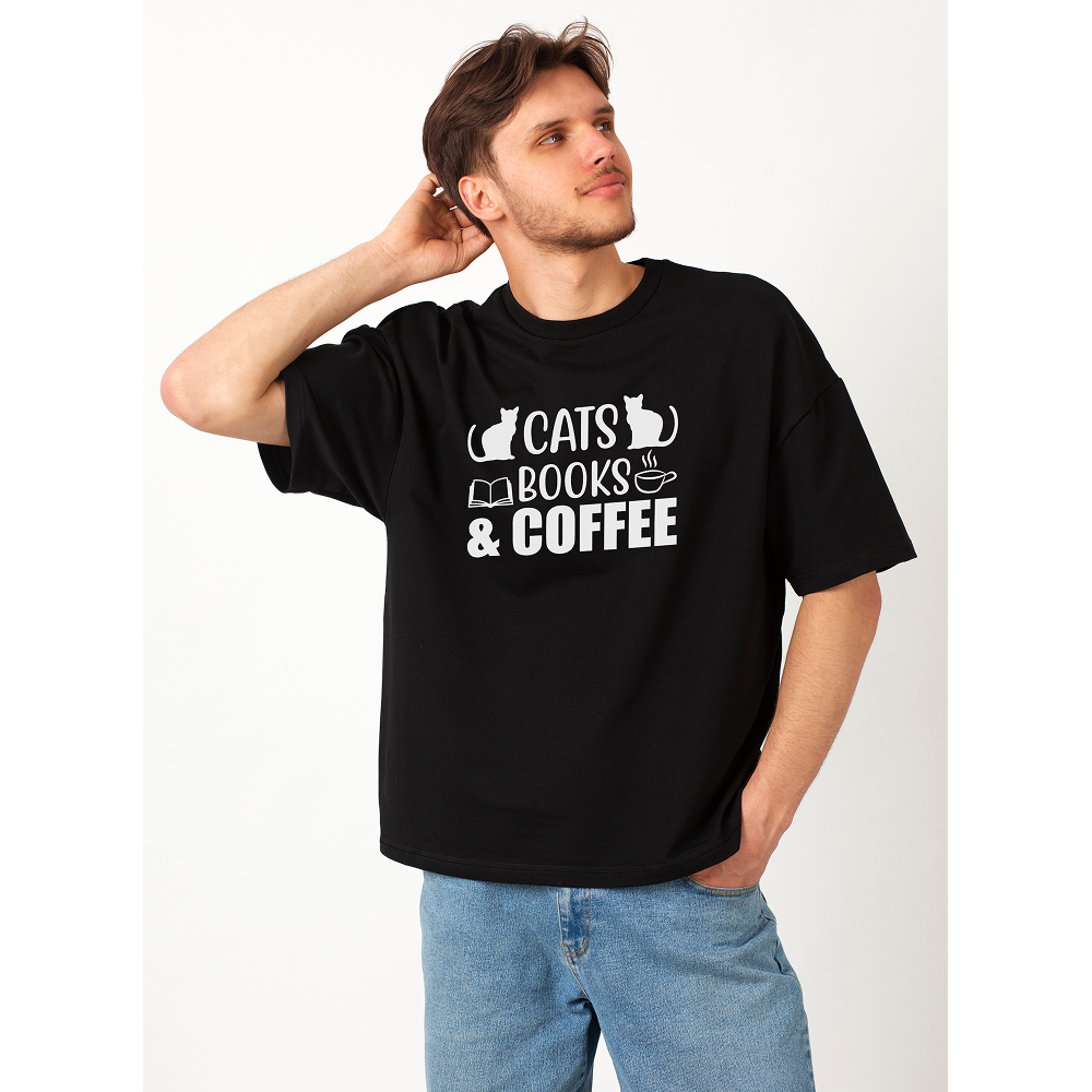 Seek Buy Love Cats Books Coffee Oversized Tee (Black)