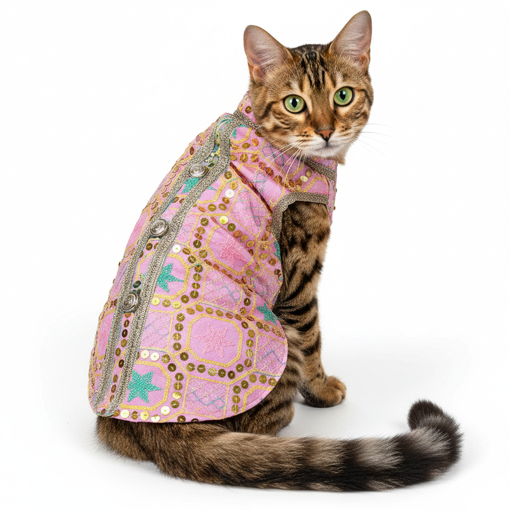 Pawsindia Traditional Nawabi Embroidered Kurta for Cats (Pink)