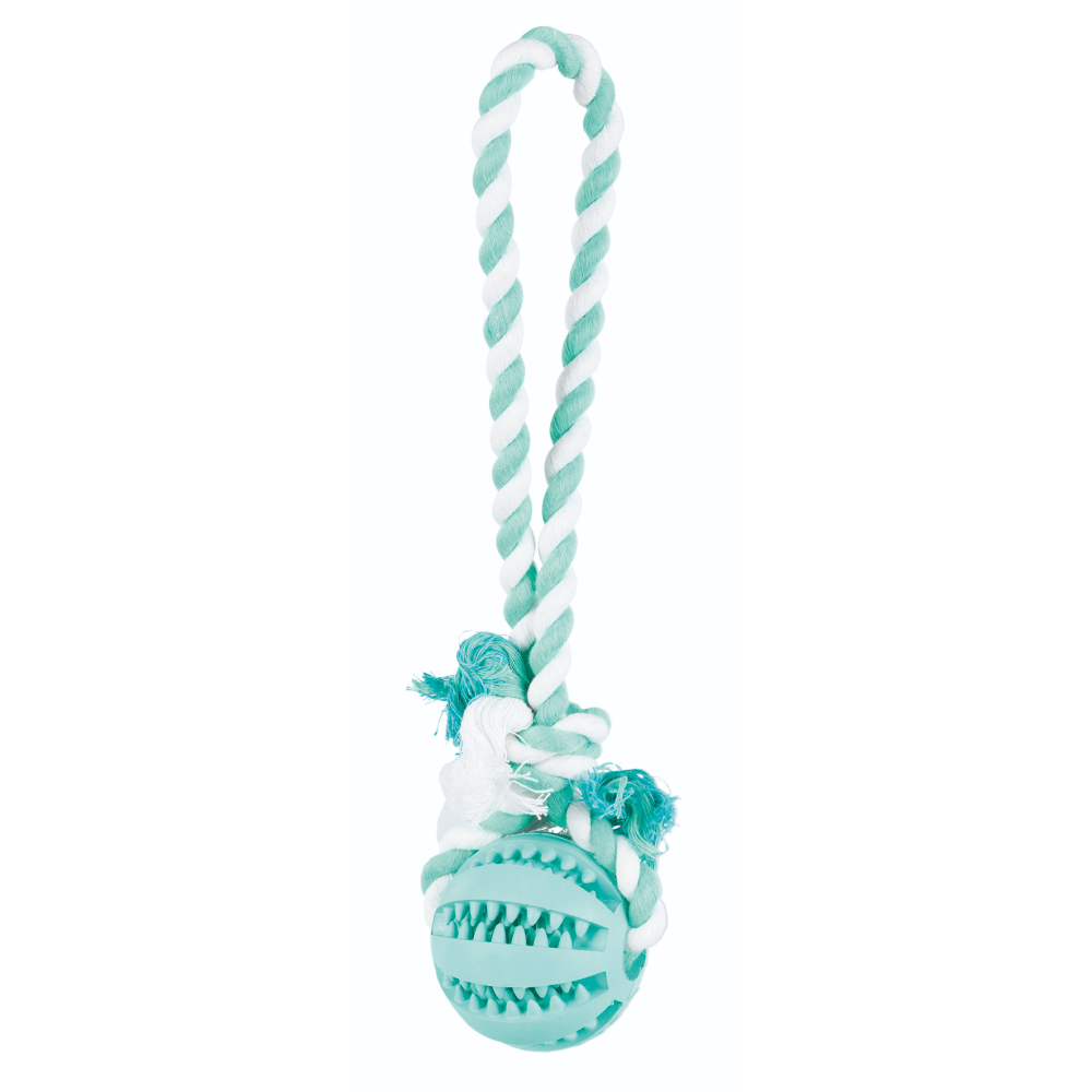FG-Trixie Denta Playing Rope with Fun Ball Mint Flavour Natural Rubber Toy for Dogs (Mint Green)