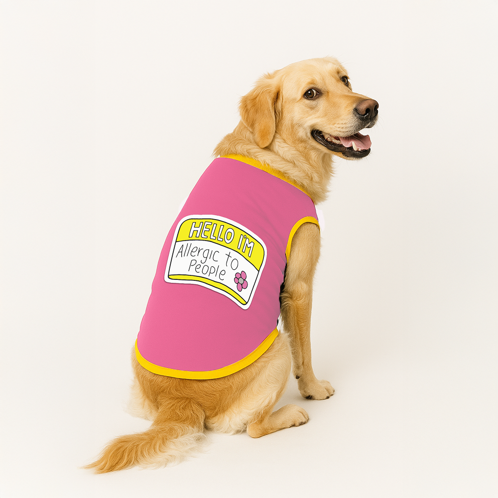 PawsIndia Hello I'm Allergic to People Printed with Ribbed Sleeves TShirt for Dogs (Pink)
