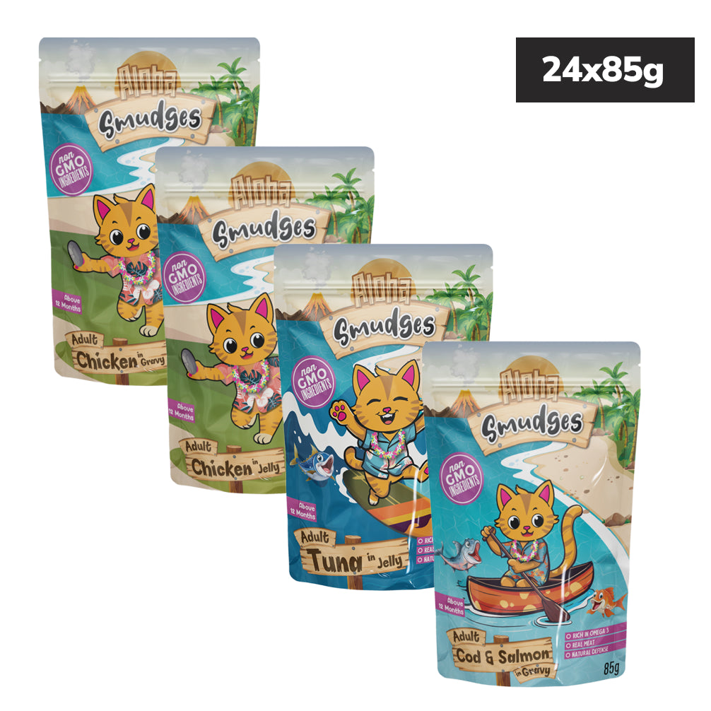 Aloha Smudges Ocean Fish & Salmon and Tuna in Jelly and Cod & Salmon and Chicken in Gravy Combo Adult Cat Wet Food