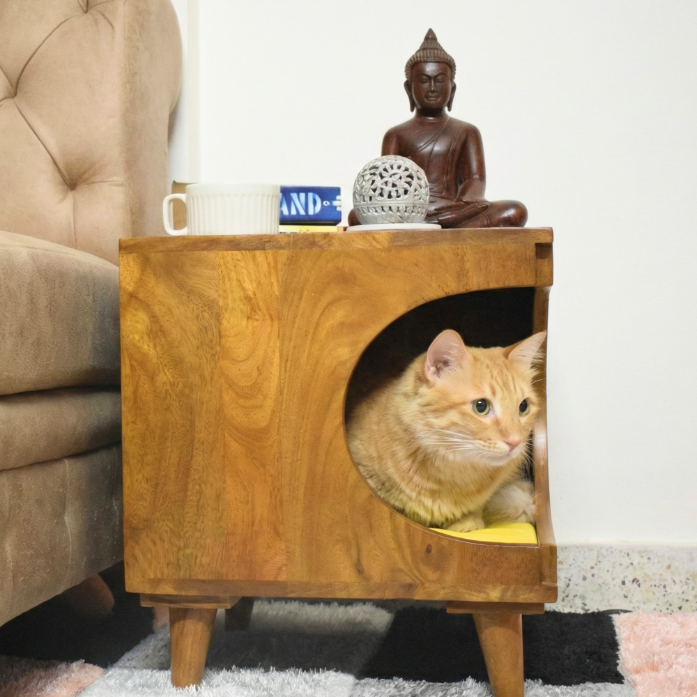 FurryLiving Wally Side Table with Cushion for Small Dogs and Cats (Honey/Yellow Cushion) image 2